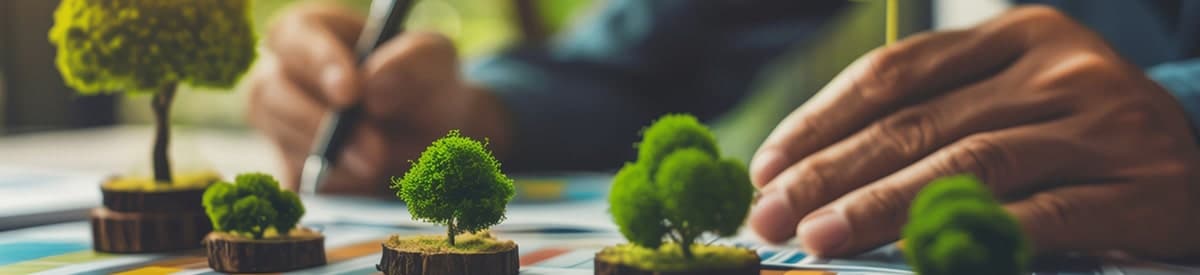 La mano de una persona escribiendo en un documento con un bolígrafo, mientras se colocan pequeños árboles en macetas sobre la mesa frente a ella